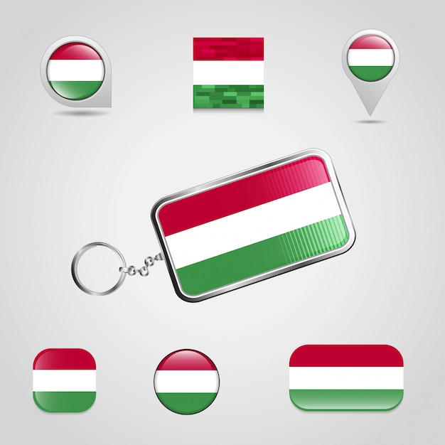 ハンガリー国旗キーホルダーと地図ピンの異なるスタイル プレミアムベクター