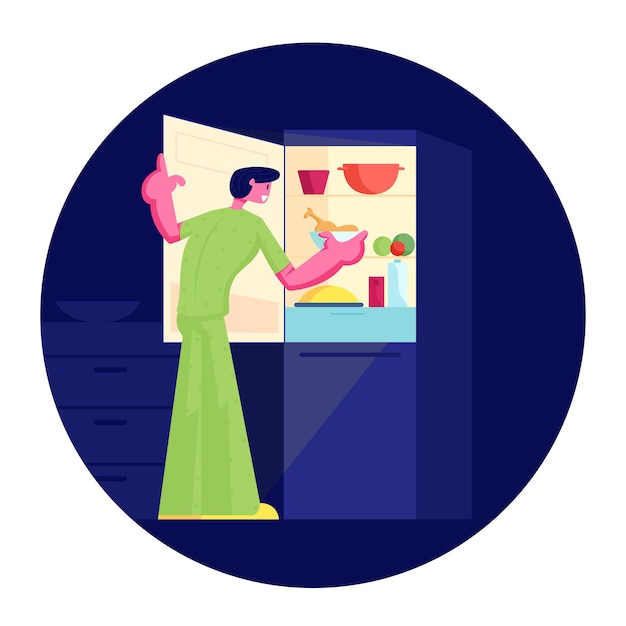 パジャマを着た空腹の男が夜にオープン冷蔵庫に立って食べに行きます。漫画フラットイラスト Premiumベクター