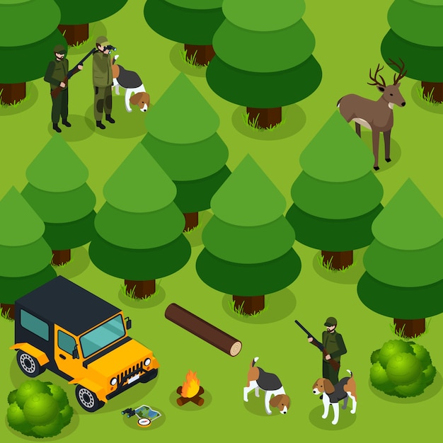 Hunting isometric composition Free Vector