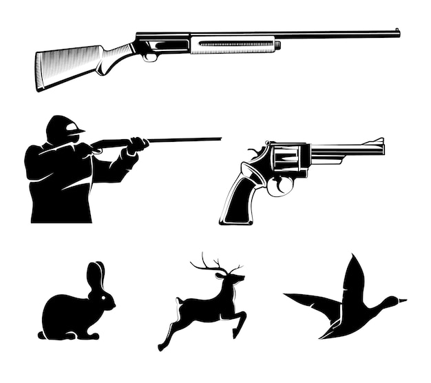 ヴィンテージのラベルやエンブレムのベクトル要素を狩ります 鹿と銃 狩猟スポーツ ピストルまたはリボルバー 野生生物とライフルのイラスト 無料のベクター