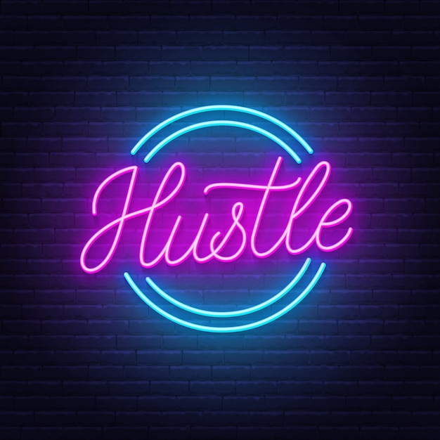 Premium Vector | Hustle neon quote on brick wall background.