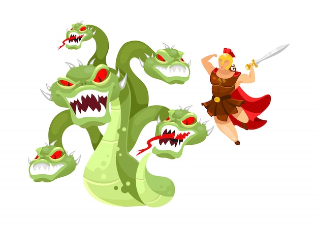 Hydra and hercules flat illustration. hero attacking mythological