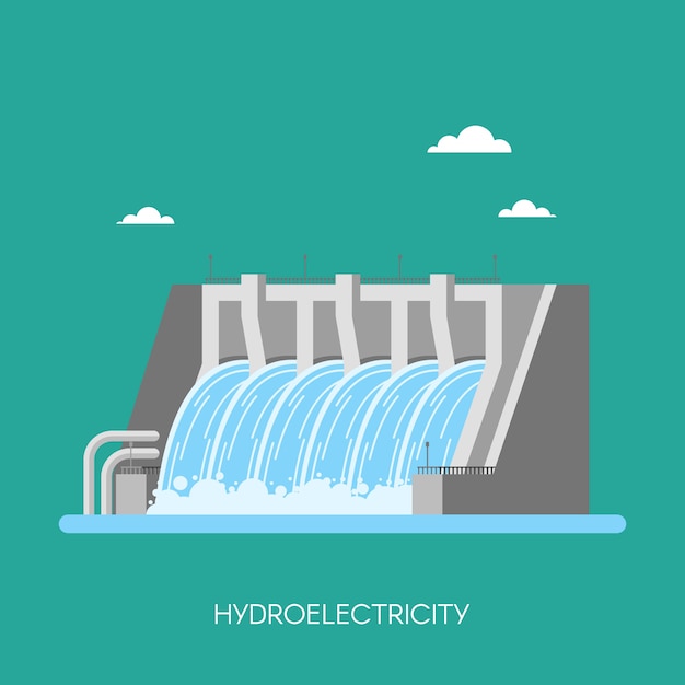 水力発電所および工場 水力エネルギー産業の概念 フラットスタイルのイラスト 水力発電所の背景 再生可能エネルギー源 プレミアムベクター