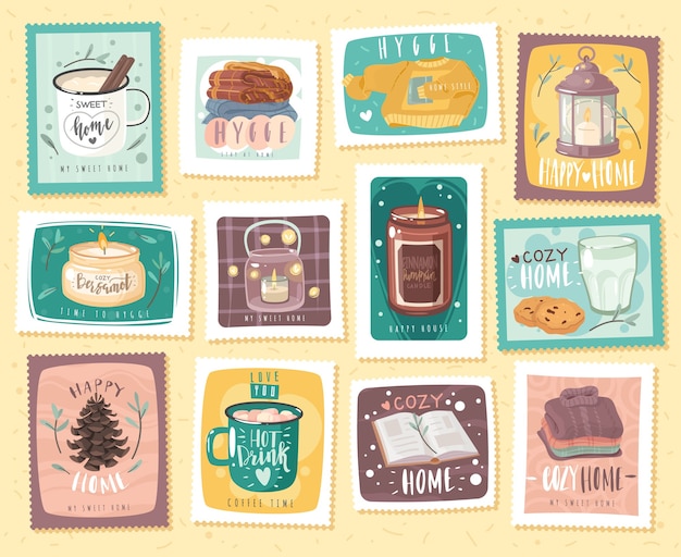  Hygge cozy stamps set on the theme of home comfort.