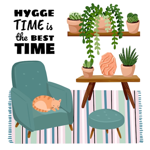 Premium Vector Hygge Time Is The Best Time Poster Cat On A Stool In Scandic Stylish Room Interior Home Lagom Decorations Cozy Season Modern Comfy Apartment Furnished In Hygge Style