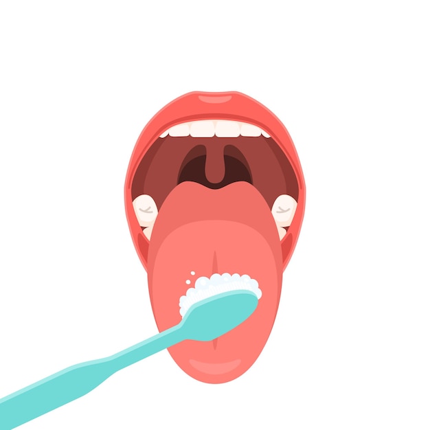 Premium Vector | Hygiene Of The Tongue With A Toothbrush