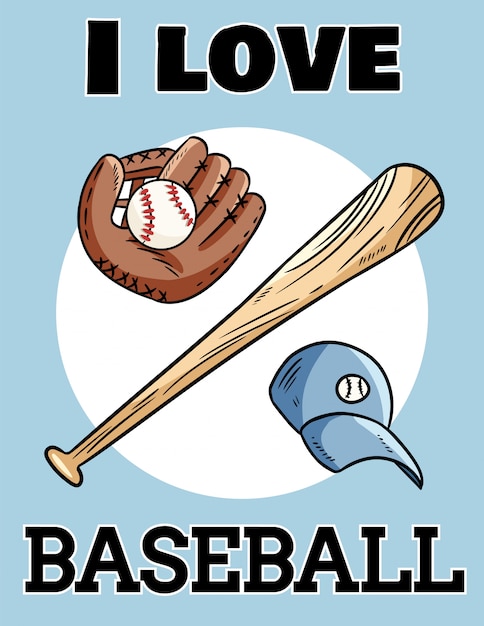 野球かわいいポストカード野球バット グローブとボール アイコンスポーツロゴが大好き プレミアムベクター