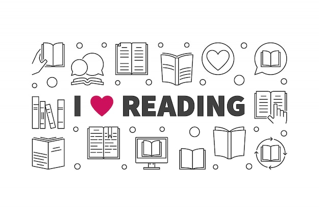 I love reading concept horizontal banner in thin line style. vector illustration Premium Vector