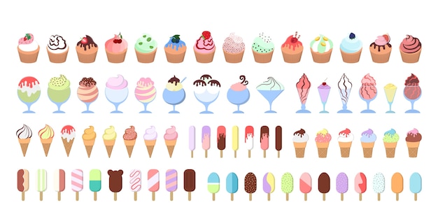 アイスクリームとカップケーキのセット 美味しいデザート集 プレミアムベクター