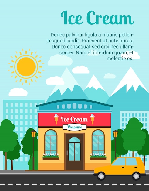 Premium Vector | Ice cream banner template with shop building