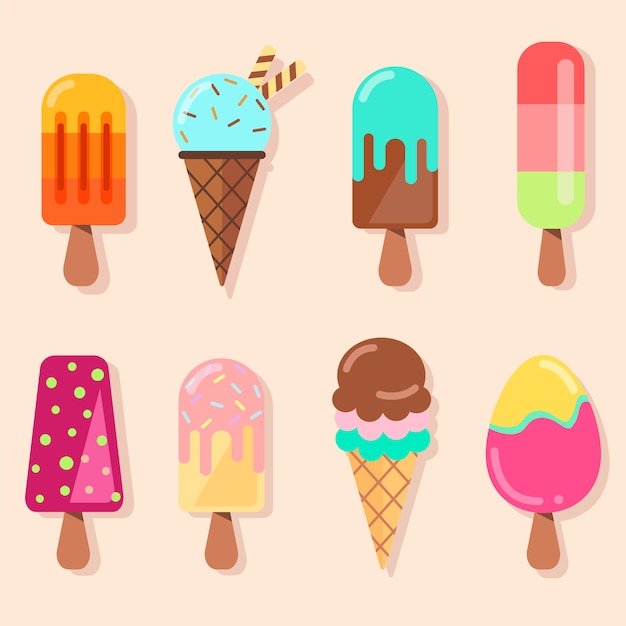アイスクリームコレクション ワッフルと振りかけると異なるコーンとアイスキャンディーのセット アイスクリームのアイコン メニューのコンセプト かわいい フラットイラスト プレミアムベクター