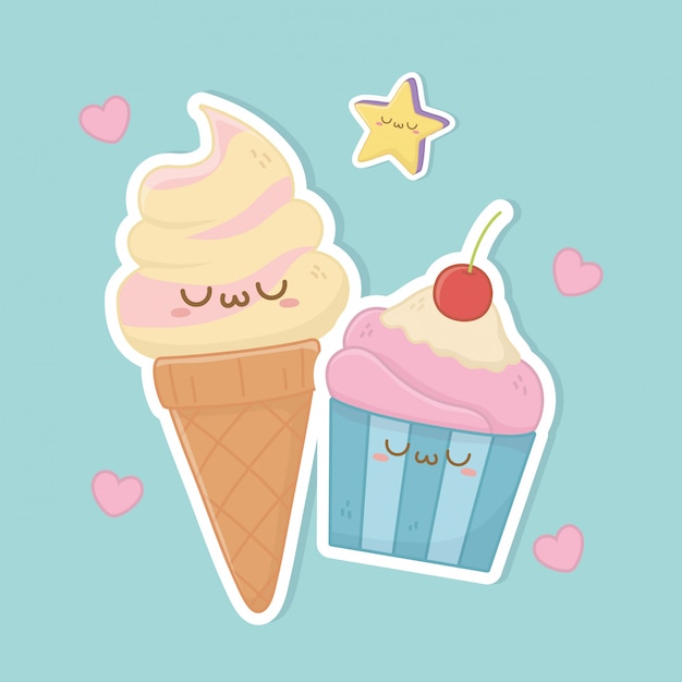 アイスクリームコーンとカップケーキのかわいいキャラクター プレミアムベクター