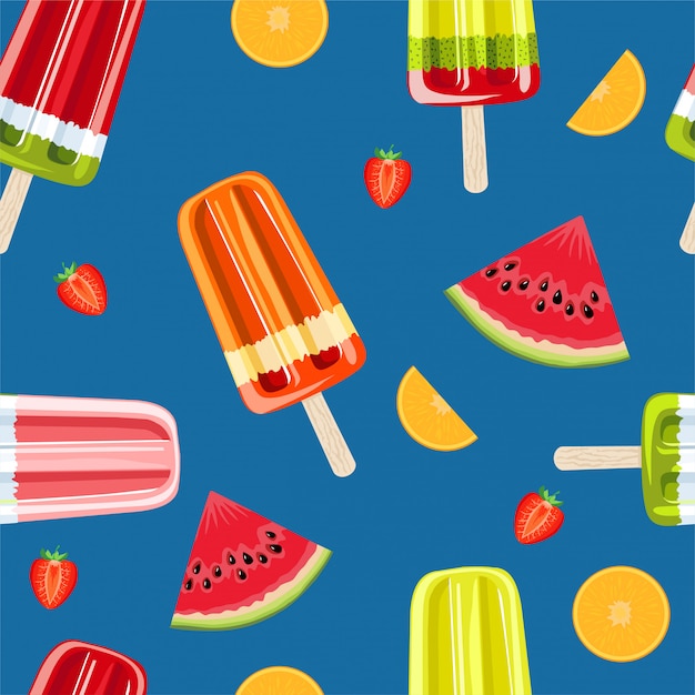 アイスクリーム フルーツアイスのシームレスなパターン トロピカルフルーツとアイスクリームのカラフルな夏のシームレスなパターン 包装紙 布 壁紙 背景デザイン プレミアムベクター
