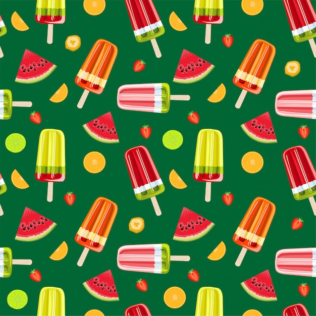 プレミアムベクター アイスクリーム フルーツアイスのシームレスパターン トロピカルフルーツ とアイスクリームのカラフルな夏のシームレスなパターン 包装紙 布 壁紙 背景デザイン