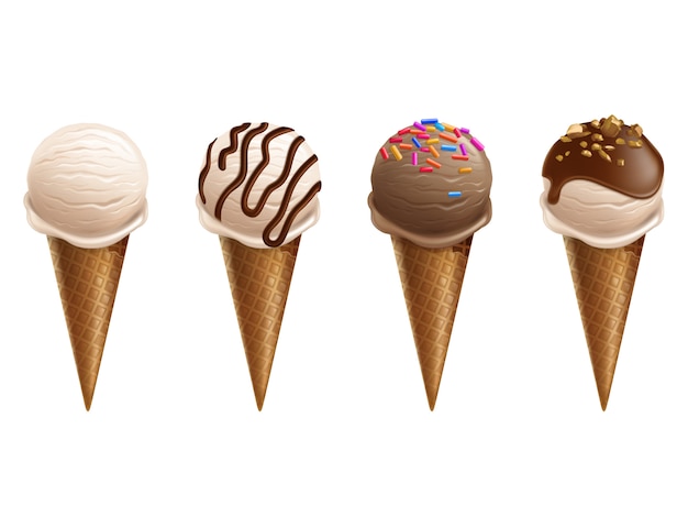 無料のベクター ウェーハコーンのアイスクリーム3d現実的なイラスト チョコレートとソフトアイススクープを分離