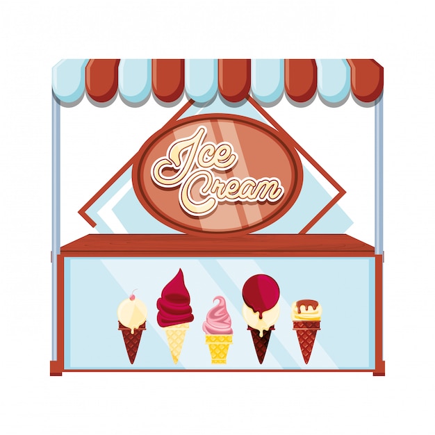Ice cream kiosk and showcase Premium Vector