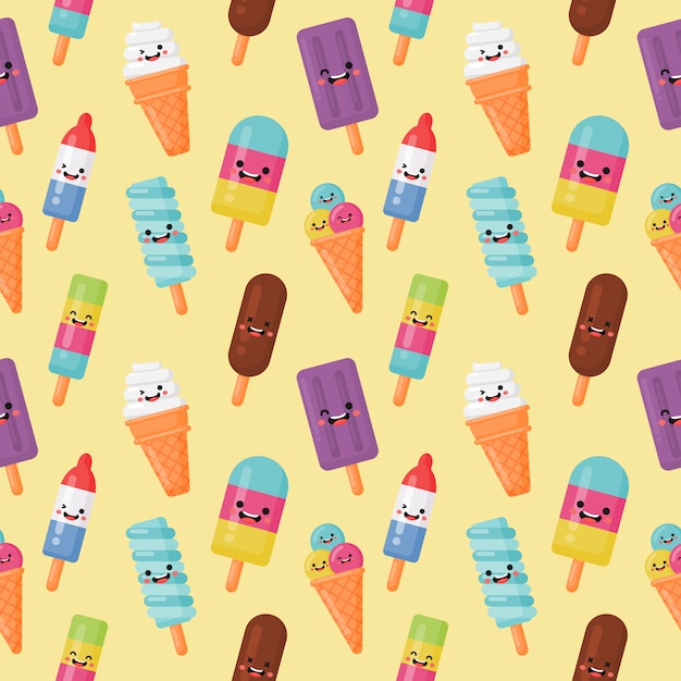Ice cream seamless pattern funny fast food kawaii style on cream Premium Vector