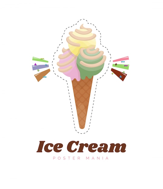 Download Ice cream sticker or badge. color vanilla ice cream dessert. kids sweets. cute ice cream cone ...