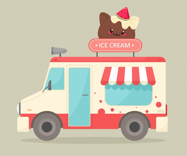 Premium Vector Ice Cream Truck Illustration In Cartoon Flat Style Sale Of Ice Cream On The Street Cartoon Style