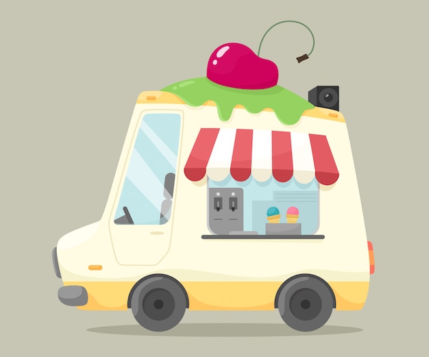 アイスクリーム販売車 漫画フラットスタイルのイラスト 路上でのアイスクリームの販売 お菓子 プレミアムベクター