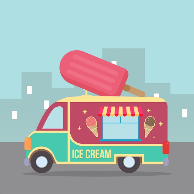 アイスクリームトラックのイラスト プレミアムベクター