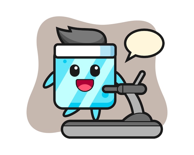 Premium Vector | Ice cube cartoon character walking on the treadmill