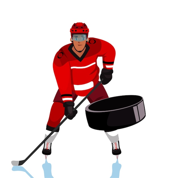 アイスホッケープレーヤーイラスト ホッケースティックの漫画のキャラクターを保持している赤い制服を着た大人の若い男 プロのスポーツマン 防具のチームメンバー パックを引くゴールキーパー プレミアムベクター
