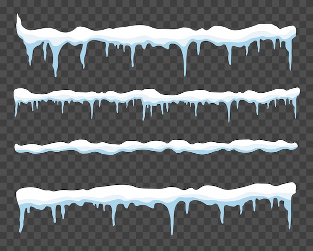 Ice icicle, caps, snowflakes, winter snow clouds. Premium Vector