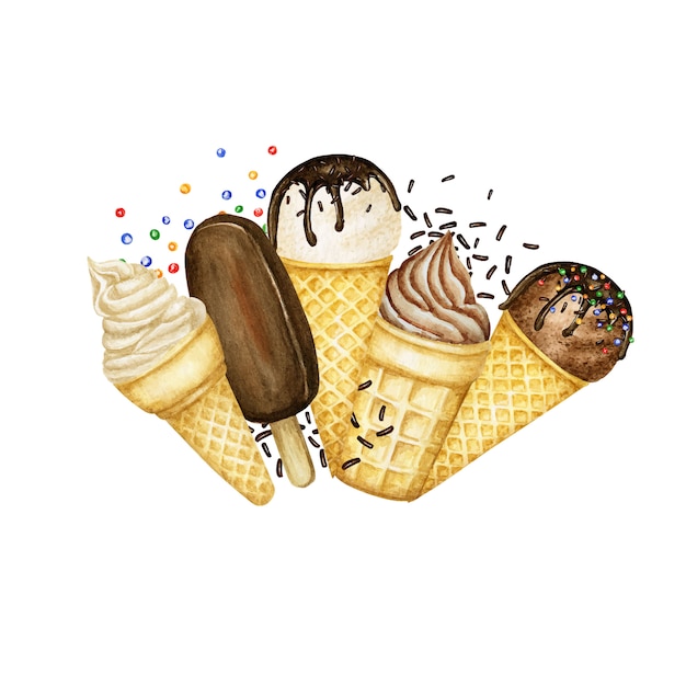 アイスキャンデー ワッフルコーンのロゴ構成フレームにチョコレートで飾られたアイスクリームスクープ 白い背景に分離された水彩イラスト バニラ チョコレートアイスクリームボール プレミアムベクター