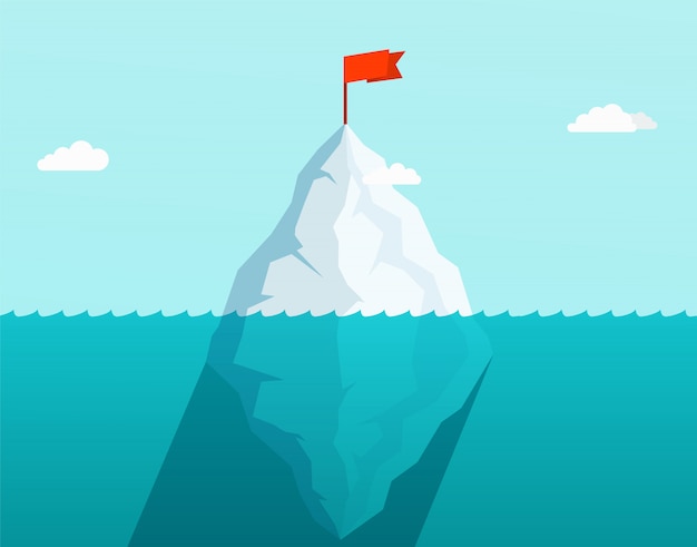 Iceberg in ocean floating in sea waves with red flag on top. business concept. Premium Vector