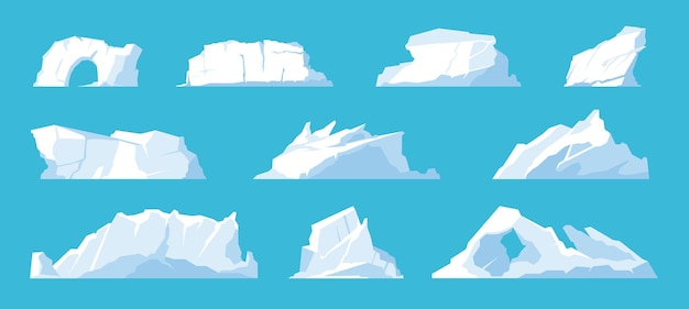 氷山 北極と北極の景観要素 溶ける氷の山と氷河 雪の帽子 凍てつく海 ベクトルセットイラスト プレミアムベクター