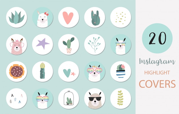 Icon of instagram highlight cover with llama, cactus, heart for social media Premium Vector