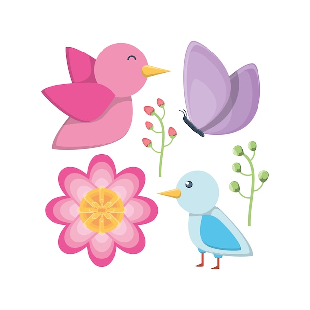 Premium Vector | Icon set of cute birds and beautiful flowers