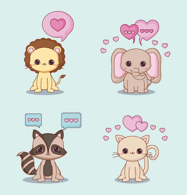 Premium Vector | Icon set of kawaii animals and hearts