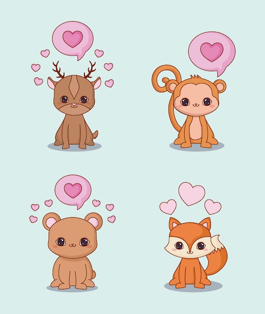 Premium Vector | Icon set of kawaii animals and hearts