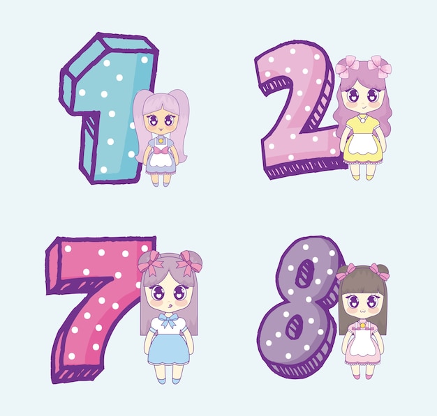 Premium Vector | Icon set of kawaii anime girls and numbers