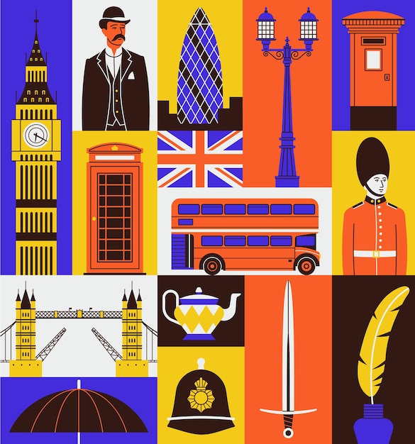 イギリスのアイコンセット ビッグベン 紳士 電話ボックス 旗 赤いバス 警備員 ロンドン橋 お茶 剣 インク プレミアムベクター