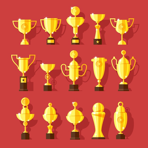 Icons set of golden sport award cups in modern  style. Premium Vector