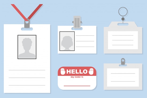 名札 バッジ Idカード ストラップとクリップ付きステッカーベクトルテンプレートセット分離 プレミアムベクター