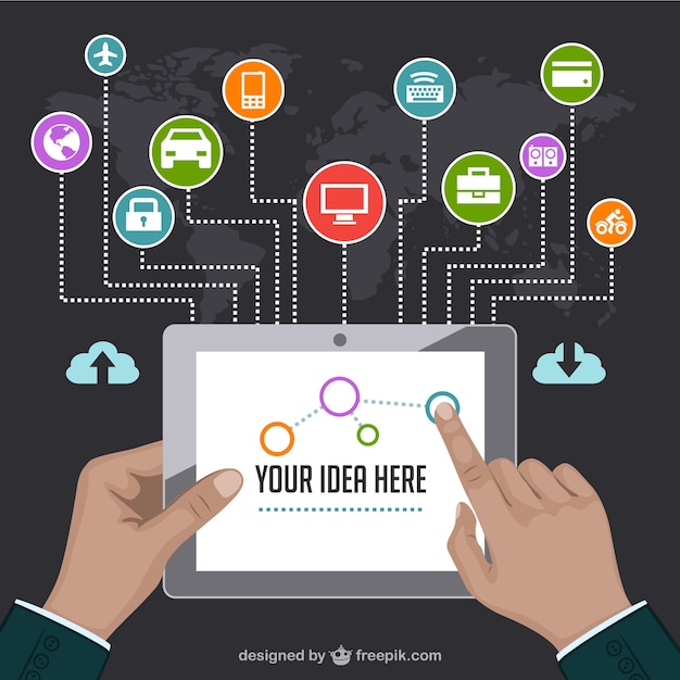 Idea infographic with a tablet and business application Free Vector Idea infographic with a tablet and business application Free Vector