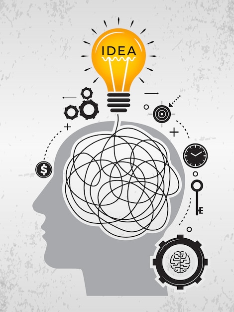 Idea search. chaos lines of mind thinking about good idea scribble way Premium Vector