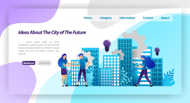 Ideas for a better city in the future, smart city mechanism and cooperation with hands shaking. landing page web template Premium Vector