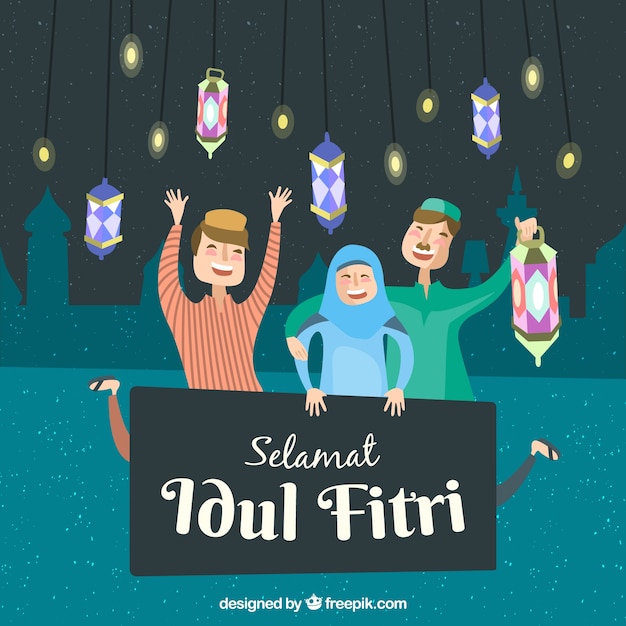  Idul  fitri  background  with people celebrating Free Vector 