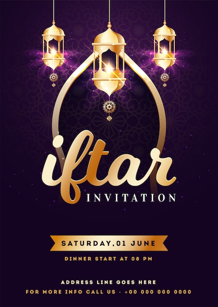 Premium Vector | Iftar invitation card design with hanging illuminated