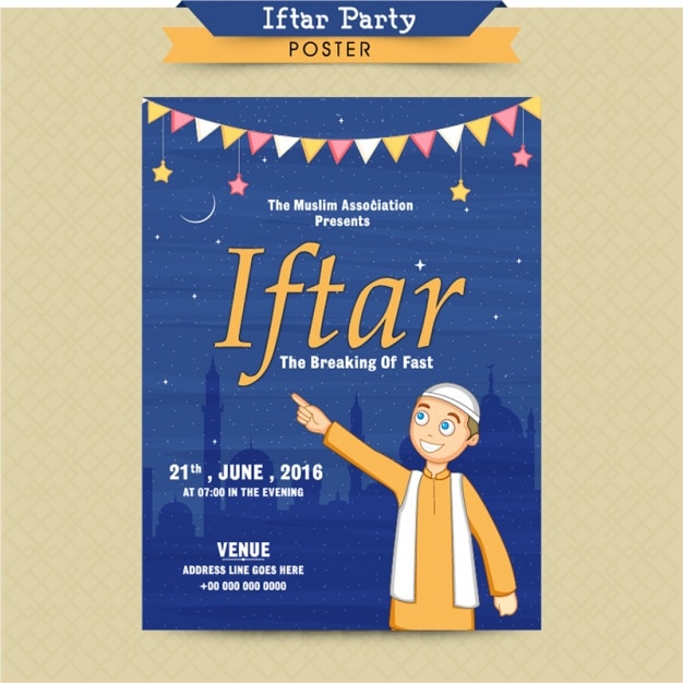 Iftar party card with happy man Vector Premium Download