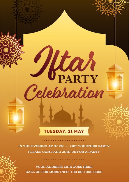 Premium Vector | Iftar party invitation card with hanging lanterns, and