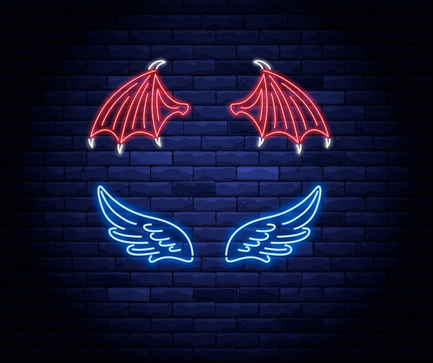 照らされたネオン赤い悪魔と青い天使の翼のサイン プレミアムベクター