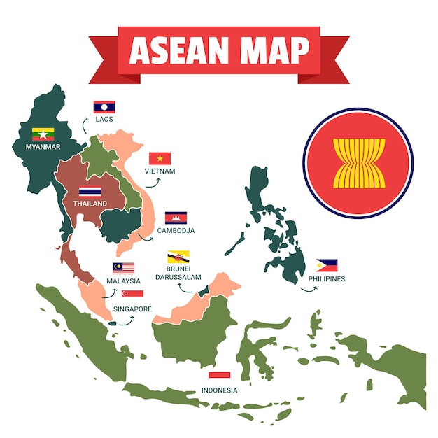 Free Vector Illustrated Asean Map With Flags 9083