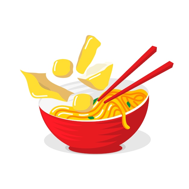 Illustrated Asian Food Noodles In Red Bowl With Chopsticks Vector