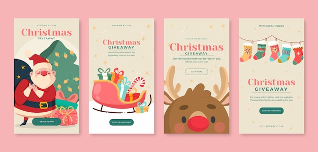 Illustrated christmas social media stories pack Free Vector - Santa, Sleigh, Reindeer and Stocking Design